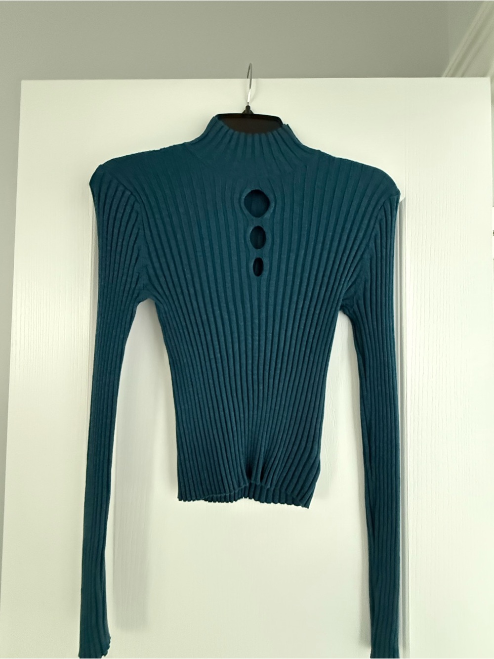 Mock Neck Ribbed Long-Sleeve Top with Front Cutouts - Teal